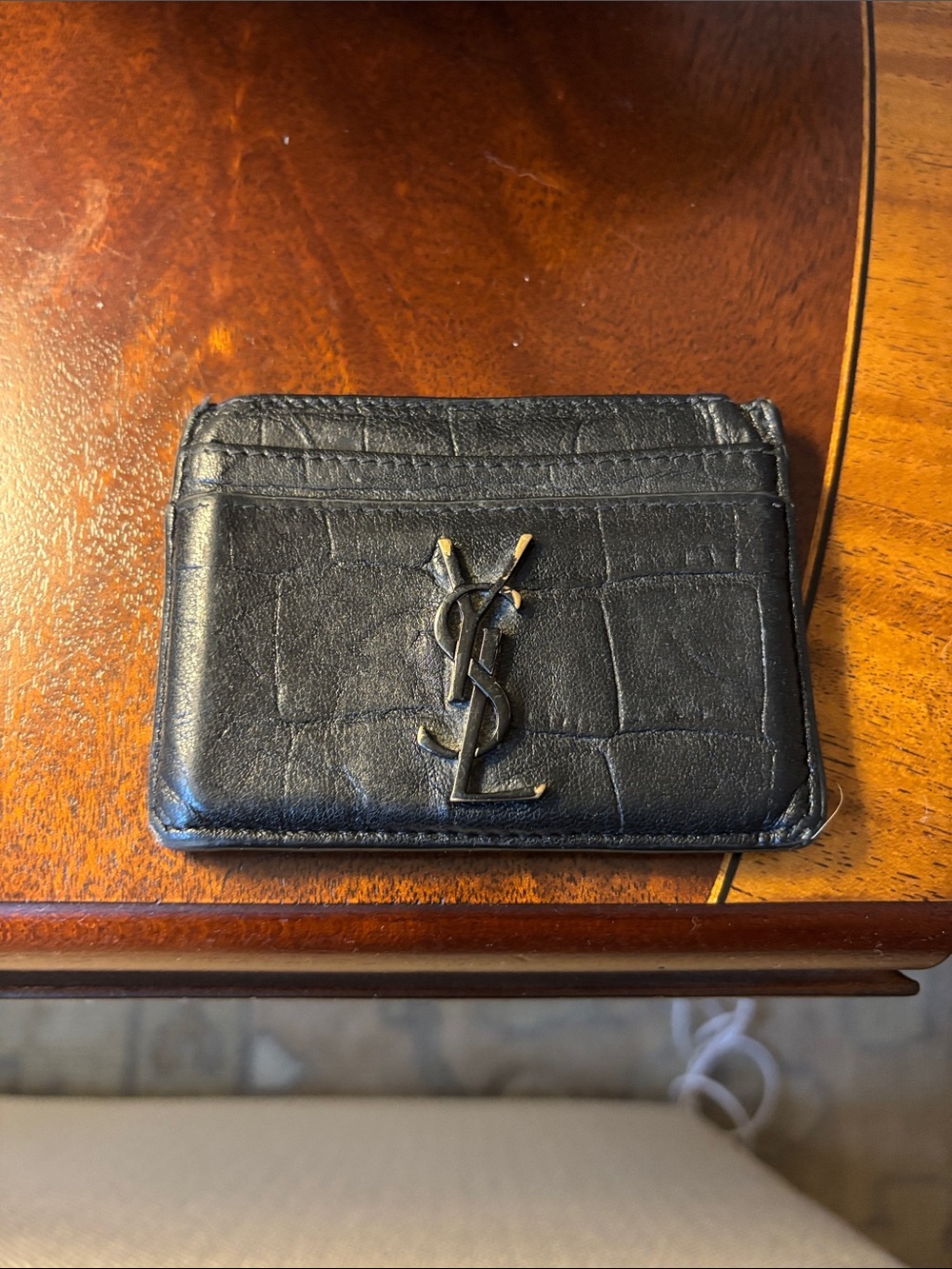 Saint Laurent Black Croc-Embossed Leather Card Holder with YSL Monogram